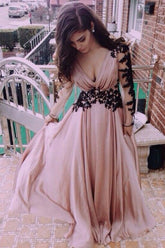 Classic Chiffon Long Sleeve V-Neck Lace Prom Dresses Evening Dresses